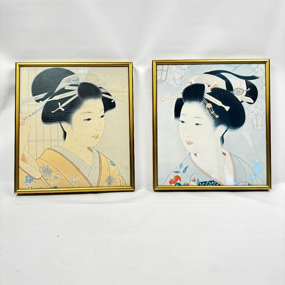 2 Japanese Wall Art Geisha Girls Portrait Custom Metal Picture Frame Golden Trad